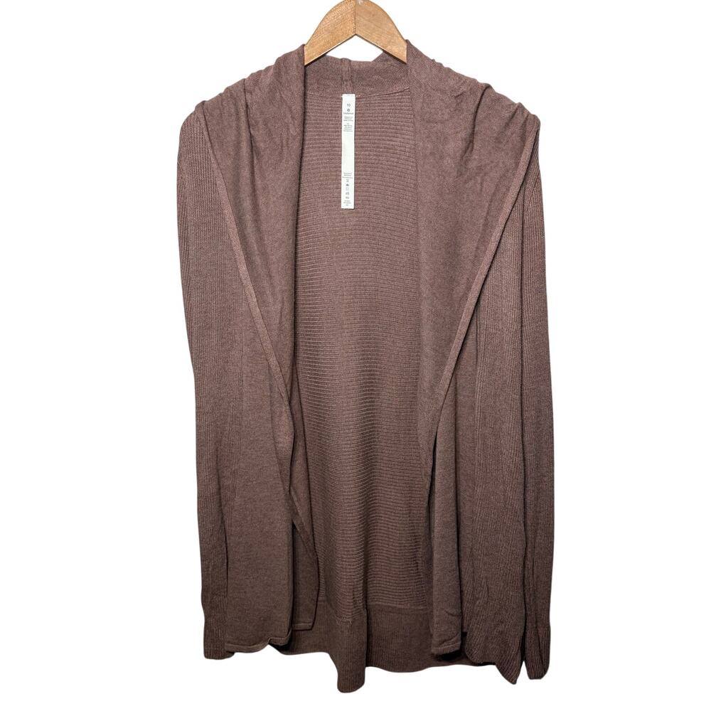 Lululemon Cardigan Open Front Textured Hooded Knit Ribbed Pocket Silver Logo 10